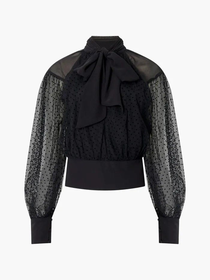 French Connection Alice Dobby Chiffon Mix Long Sleeve Top Blackout Woman Tops