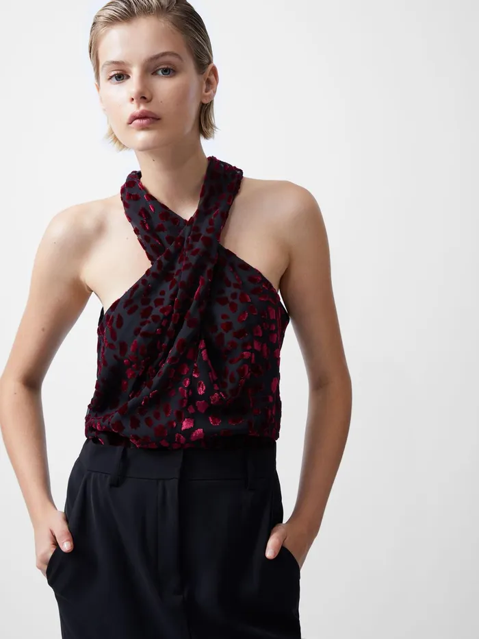 French Connection Cadie Devore Halterneck Top Blackout Baked Cherry Woman Tops