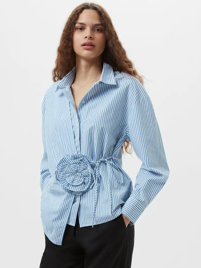 French Connection Cambria Cotton Striped Corsage Shirt BlueWhite Woman Tops