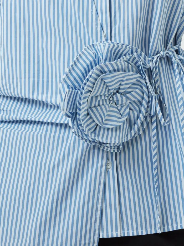 French Connection Cambria Cotton Striped Corsage Shirt BlueWhite Woman Tops