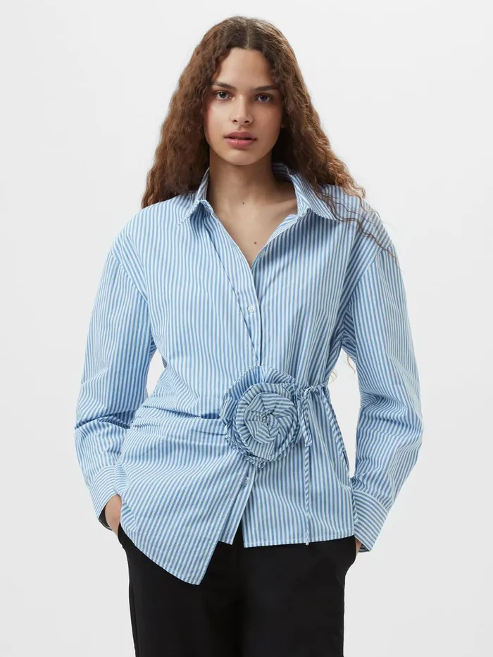 French Connection Cambria Cotton Striped Corsage Shirt BlueWhite Woman Tops