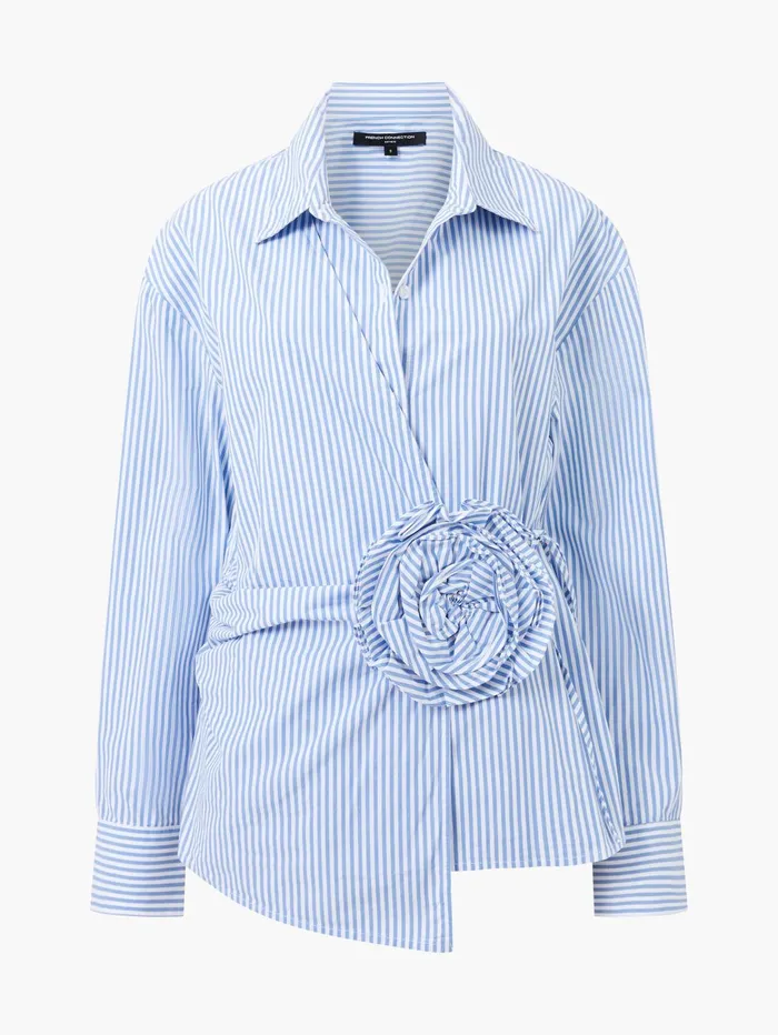 French Connection Cambria Cotton Striped Corsage Shirt BlueWhite Woman Tops