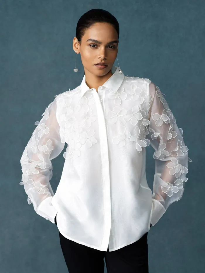 French Connection Camden 3D Floral Embellished Shirt Summer White Woman Tops