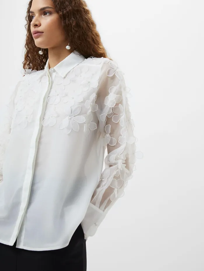 French Connection Camden 3D Floral Embellished Shirt Summer White Woman Tops