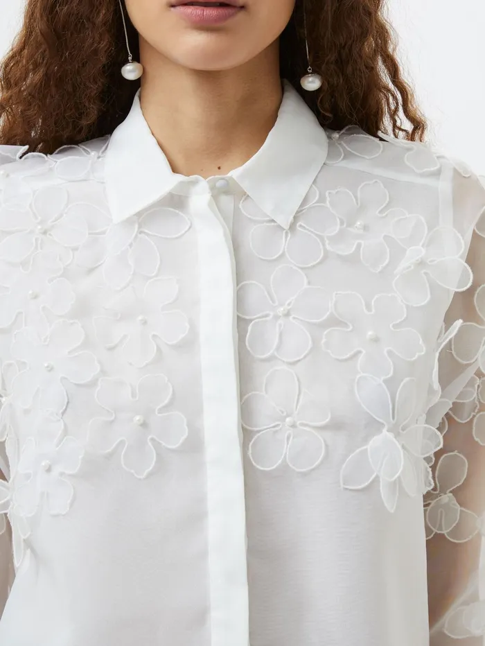 French Connection Camden 3D Floral Embellished Shirt Summer White Woman Tops