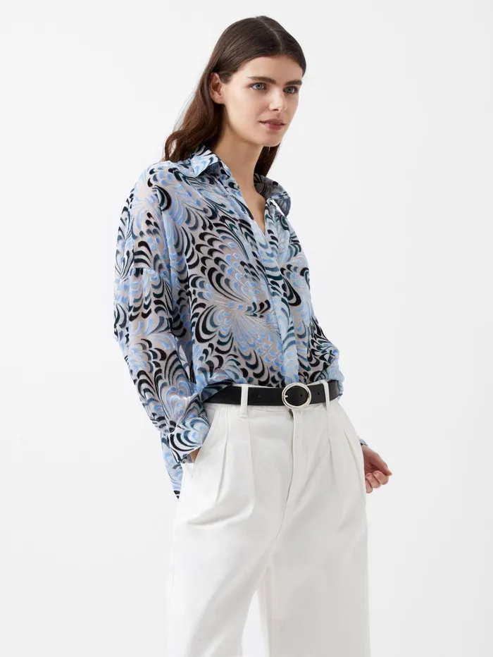 French Connection Diandra Devore VNeck Button Through Popover Shirt Mauve Morn Blue Woman Tops French Connection Diandra Devore VNeck Button Through Popover Shirt Mauve Morn Blue Woman Tops