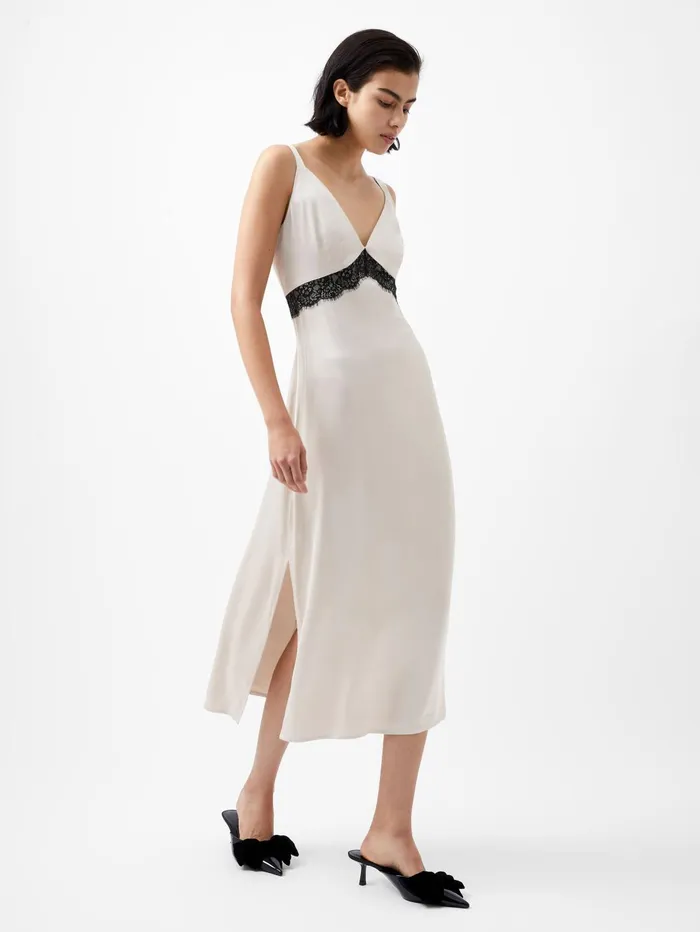 French Connection Ennis Satin Lace Dress Classic CreamBlackout Woman Dresses