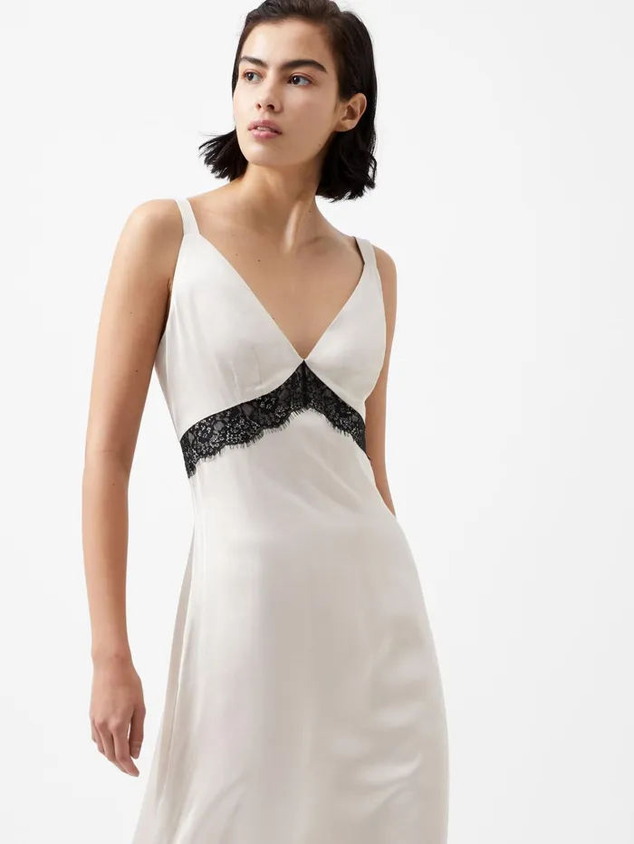 French Connection Ennis Satin Lace Dress Classic CreamBlackout Woman Dresses