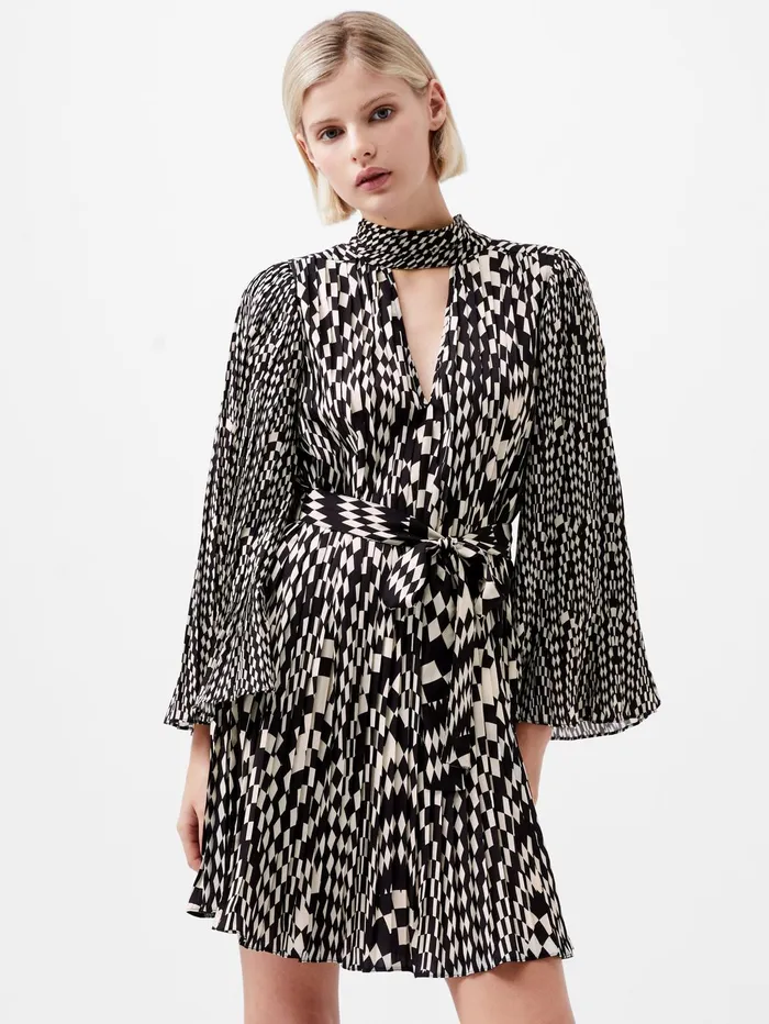 French Connection Fern Arie Pleated Ella Crepe Mini Dress Classic CreamBlackout Woman Dresses