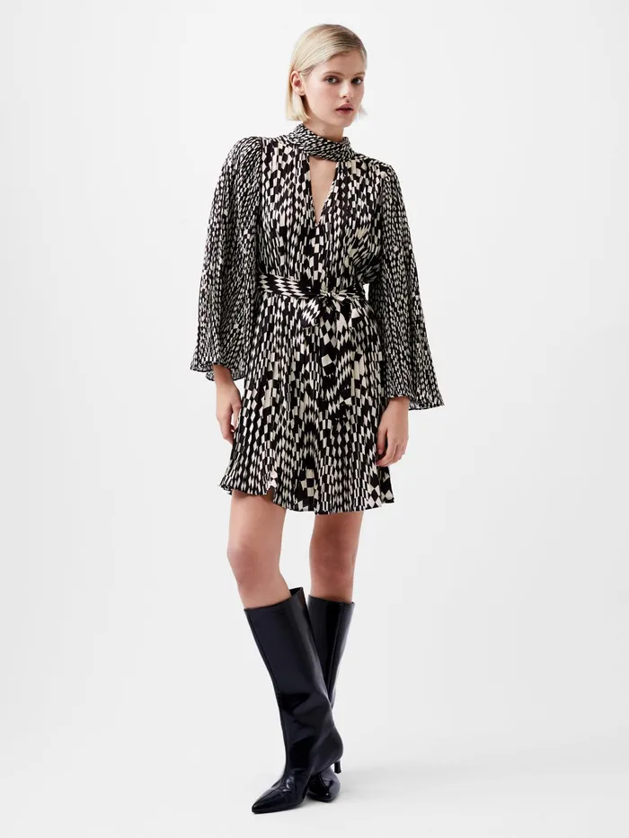 French Connection Fern Arie Pleated Ella Crepe Mini Dress Classic CreamBlackout Woman Dresses