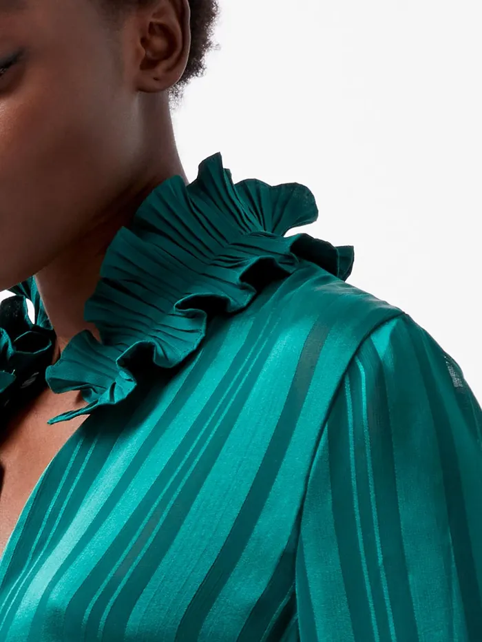 French Connection Hannielie Ruffle Neck Long Sleeve Shirt Forest Woman Tops