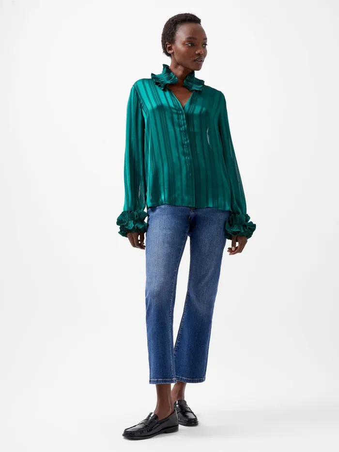 French Connection Hannielie Ruffle Neck Long Sleeve Shirt Forest Woman Tops