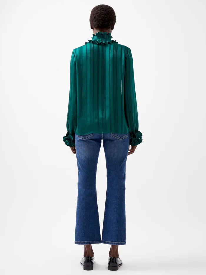 French Connection Hannielie Ruffle Neck Long Sleeve Shirt Forest Woman Tops