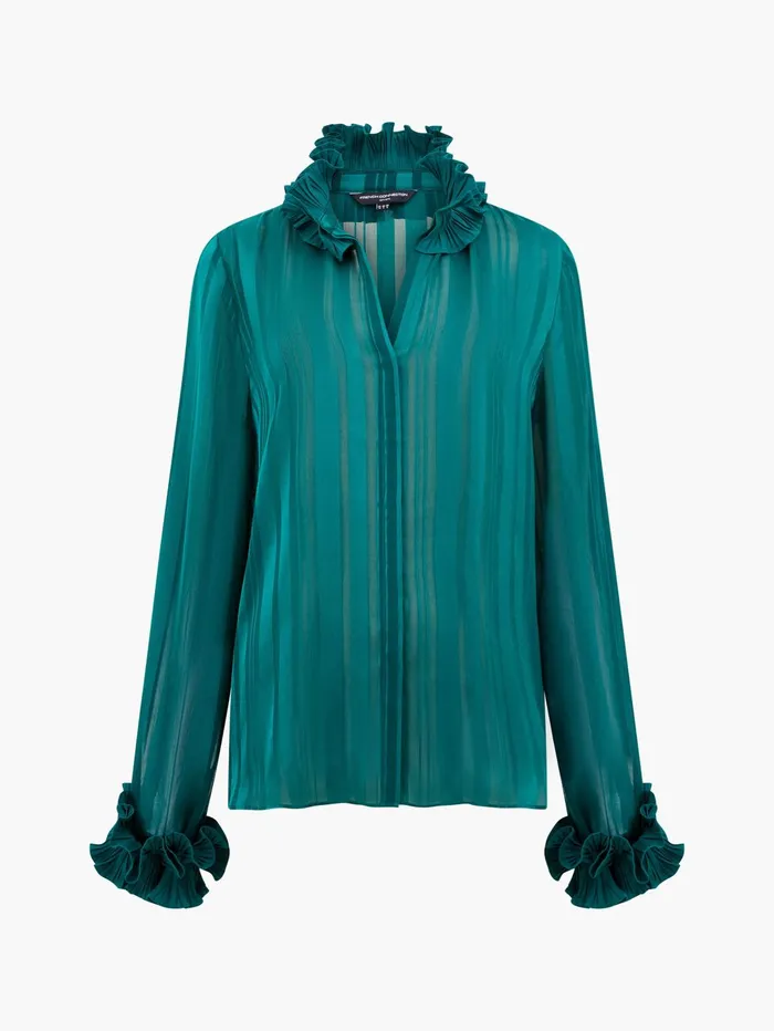 French Connection Hannielie Ruffle Neck Long Sleeve Shirt Forest Woman Tops