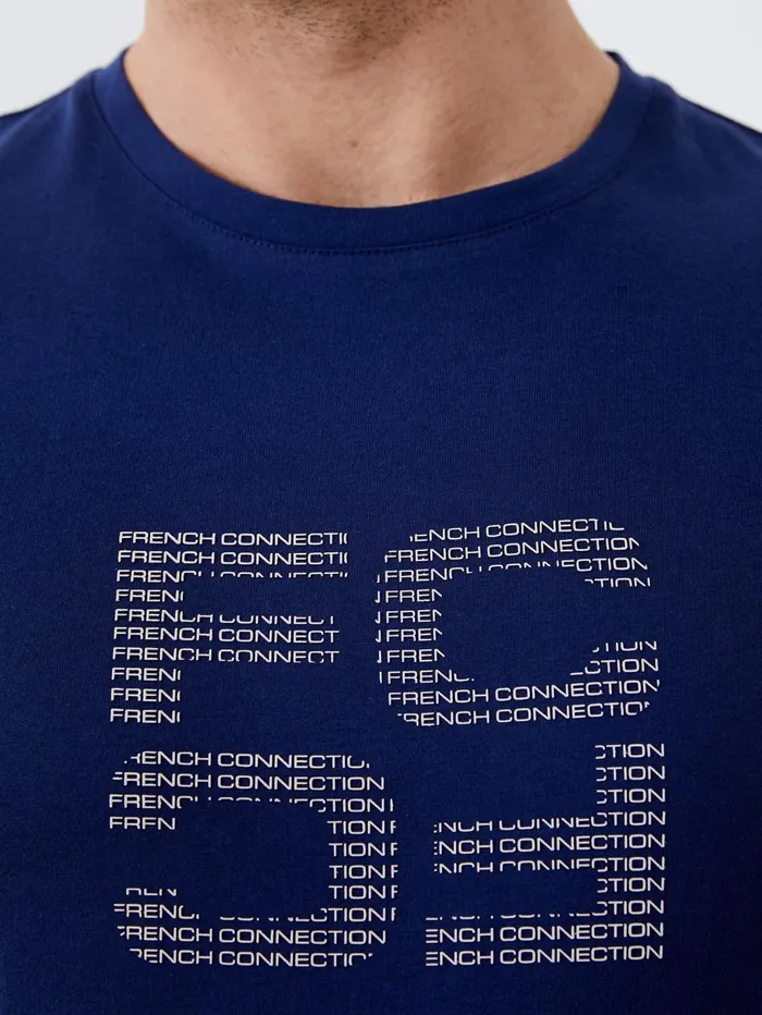 French Connection Mirror Repeat Logo Organic Graphic TShirt Navy Man TShirts and Polo Shirts
