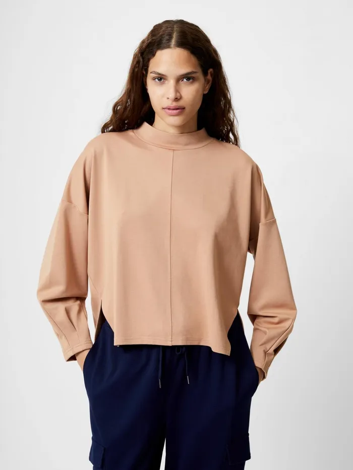 French Connection Turtleneck Cut Long Sleeve Top Tan Woman Tops