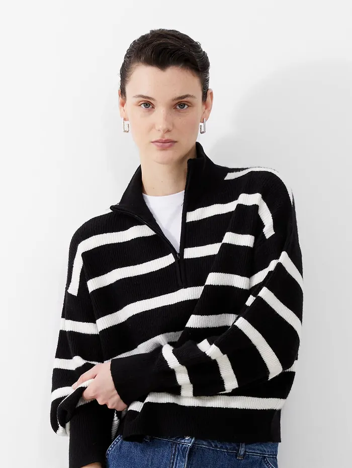 French Connection Vhari Recycled Stripe Half Zip Jumper BlackWinter White Woman Jumpers and Cardigans French Connection Vhari Recycled Stripe Half Zip Jumper BlackWinter White Woman Jumpers and Cardigans