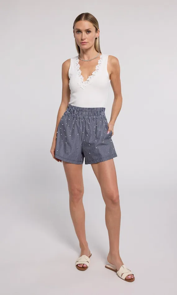 Generation Love Clothing Betty Pearl Embellished Pinstripe Shorts Navywhite Women Shorts