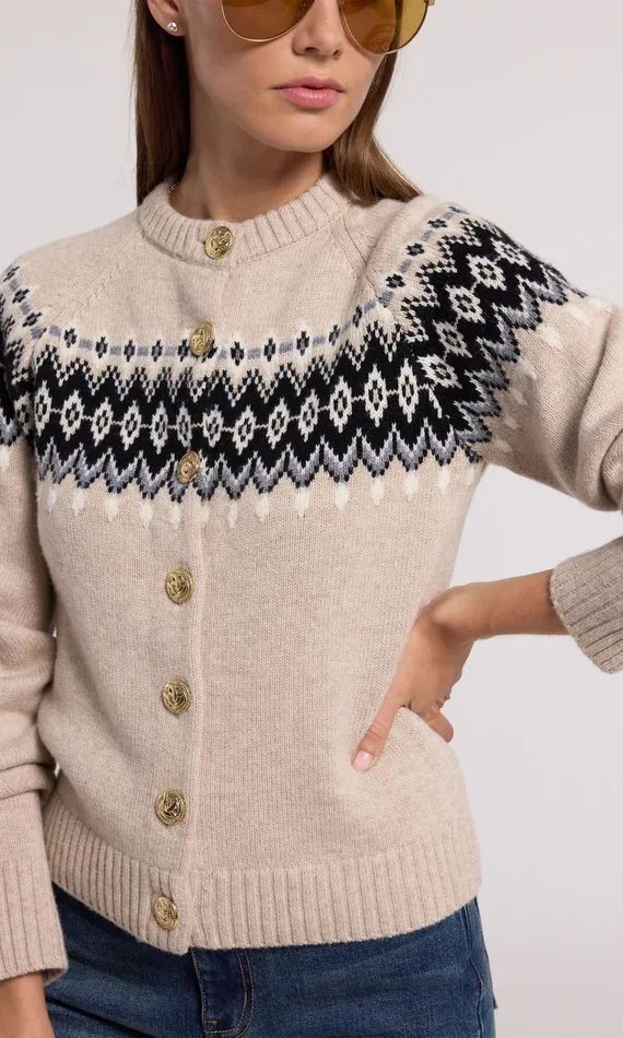 Generation Love Clothing Frances Fair Isle Cardigan Heather Oatmeal Women Sweaters and Sweatshirts