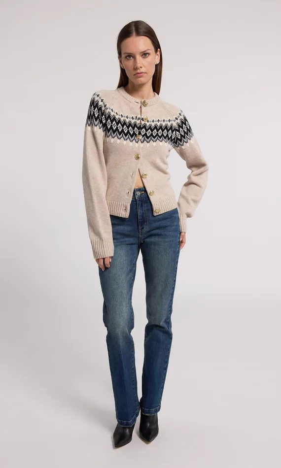 Generation Love Clothing Frances Fair Isle Cardigan Heather Oatmeal Women Sweaters and Sweatshirts