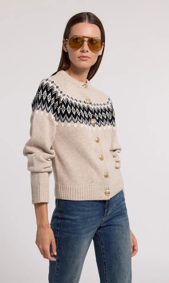 Generation Love Clothing Frances Fair Isle Cardigan Heather Oatmeal Women Sweaters and Sweatshirts