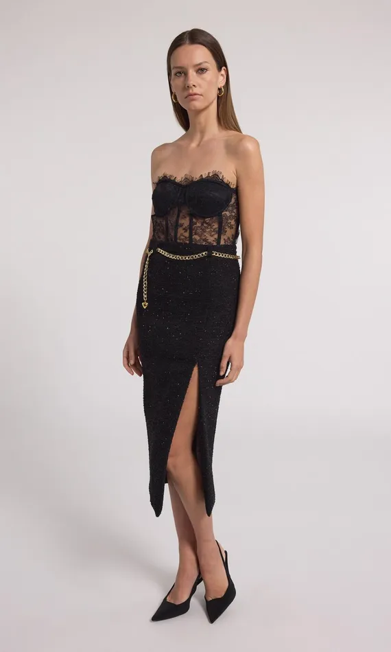 Generation Love Clothing Kiva Chain Belted Tweed Midi Skirt Black Women Skirts
