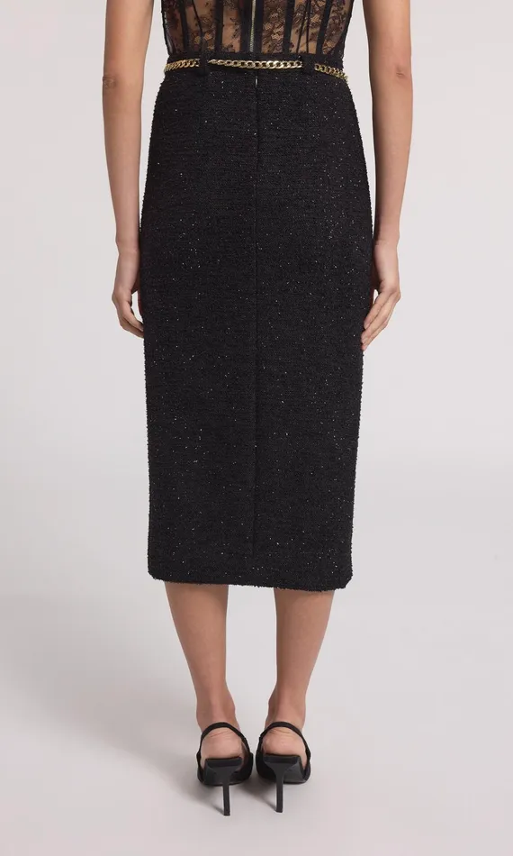 Generation Love Clothing Kiva Chain Belted Tweed Midi Skirt Black Women Skirts
