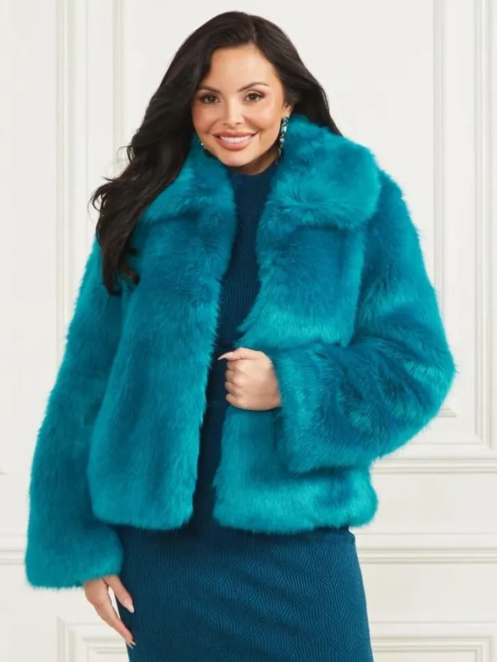 Jackets Women Marciano Gwenda FauxFur Jacket Bermuda Blue With Darker Jackets Women Marciano Gwenda FauxFur Jacket Bermuda Blue With Darker