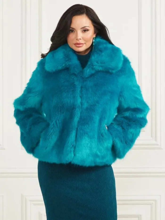 Jackets Women Marciano Gwenda FauxFur Jacket Bermuda Blue With Darker Jackets Women Marciano Gwenda FauxFur Jacket Bermuda Blue With Darker