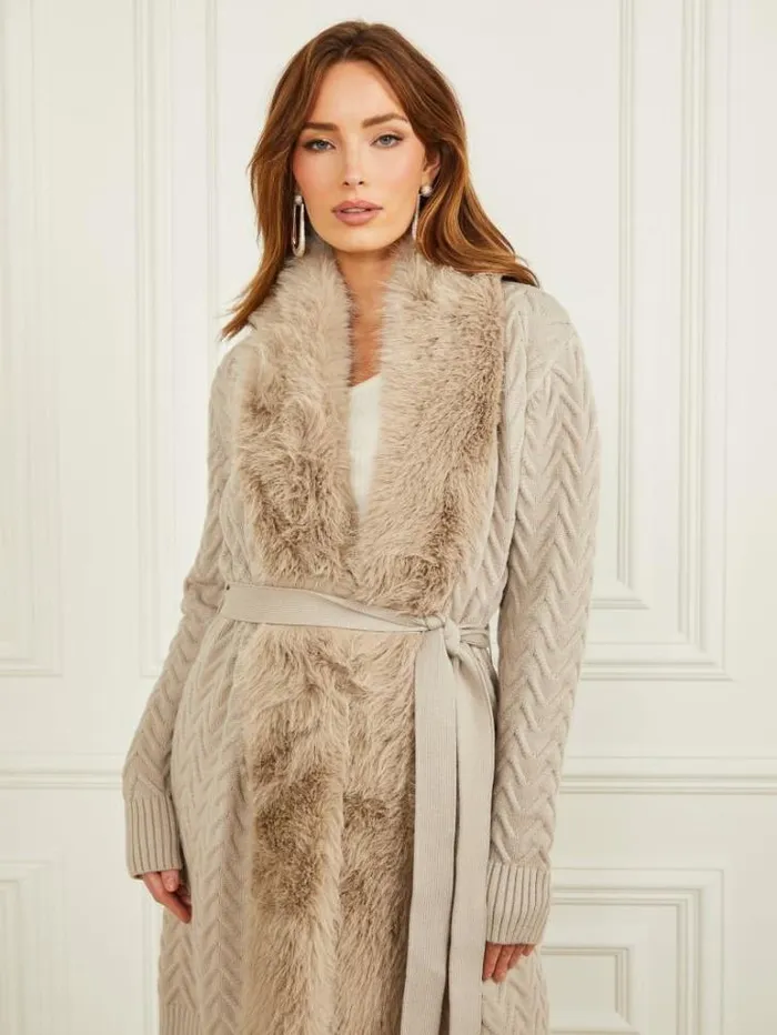Jackets Women Marciano Paula FauxFur Long Cardigan Sweater Fawn Taupe