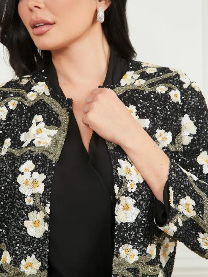 Jackets Women Marciano Precious Embroidered Sequin Jacket Blossom Black Cave Embr Jackets Women Marciano Precious Embroidered Sequin Jacket Blossom Black Cave Embr