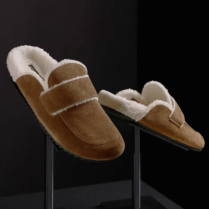 James Perse SlipOns MenSINGLEQUOTEADDEDs Suede Shearling Lined Loafer Tabaccoivory 8211 Men