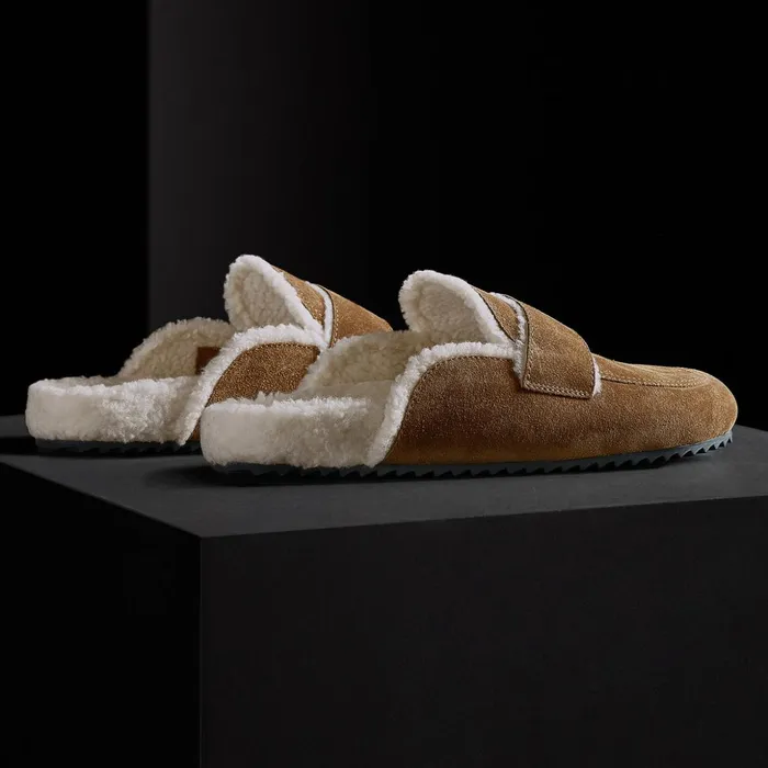 James Perse SlipOns MenSINGLEQUOTEADDEDs Suede Shearling Lined Loafer Tabaccoivory 8211 Men