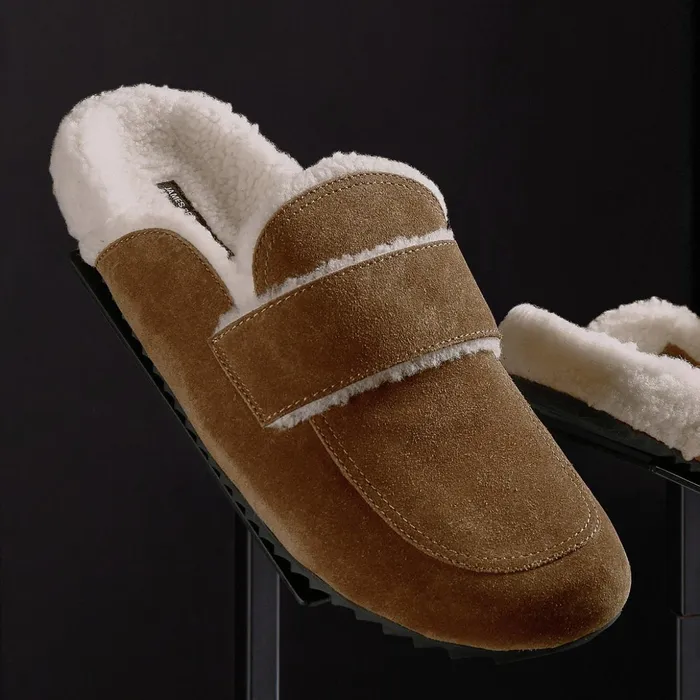 James Perse SlipOns MenSINGLEQUOTEADDEDs Suede Shearling Lined Loafer Tabaccoivory 8211 Men