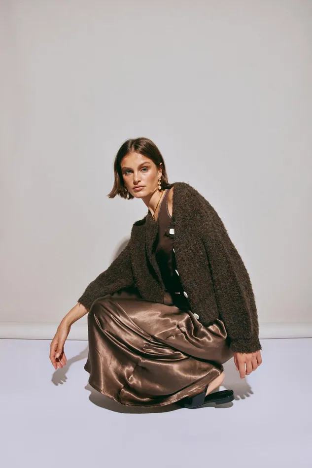 JumpersSweaters Women VRG GRL Elsie Knit Cardigan Chocolate JumpersSweaters Women VRG GRL Elsie Knit Cardigan Chocolate