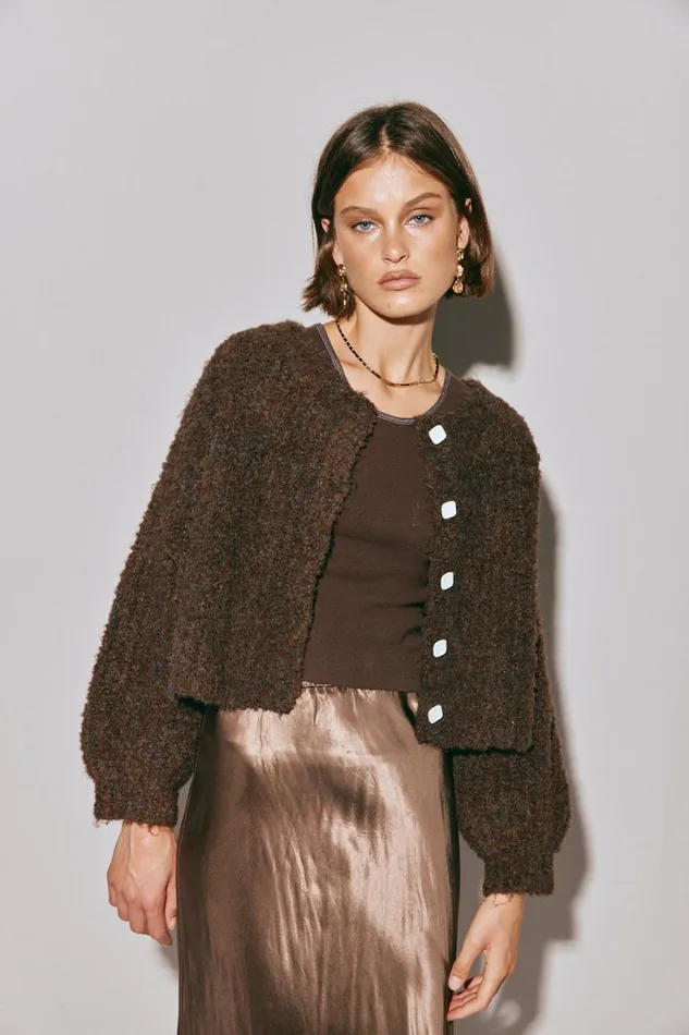 JumpersSweaters Women VRG GRL Elsie Knit Cardigan Chocolate JumpersSweaters Women VRG GRL Elsie Knit Cardigan Chocolate
