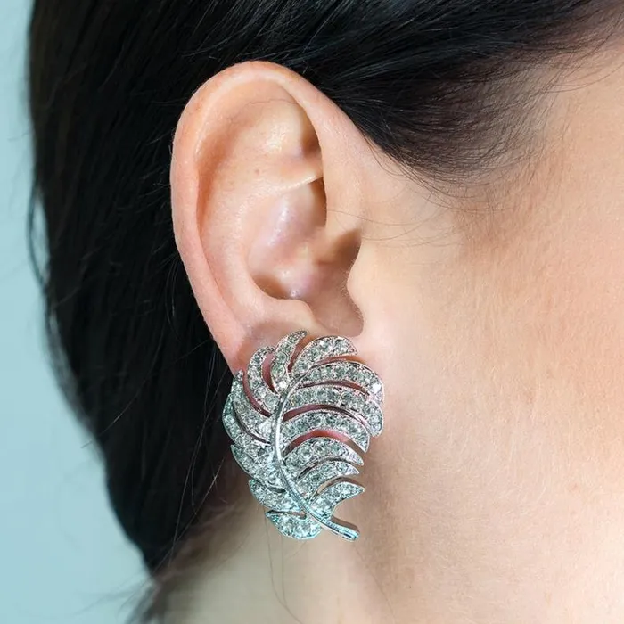 Kenneth Jay Lane Clear Crystal Earrings Women Crystal Feather ClipOn Earrings