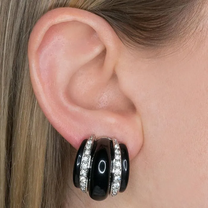 Kenneth Jay Lane Dark Color Earrings Women Black Ribbed Hoop Clip Earrings