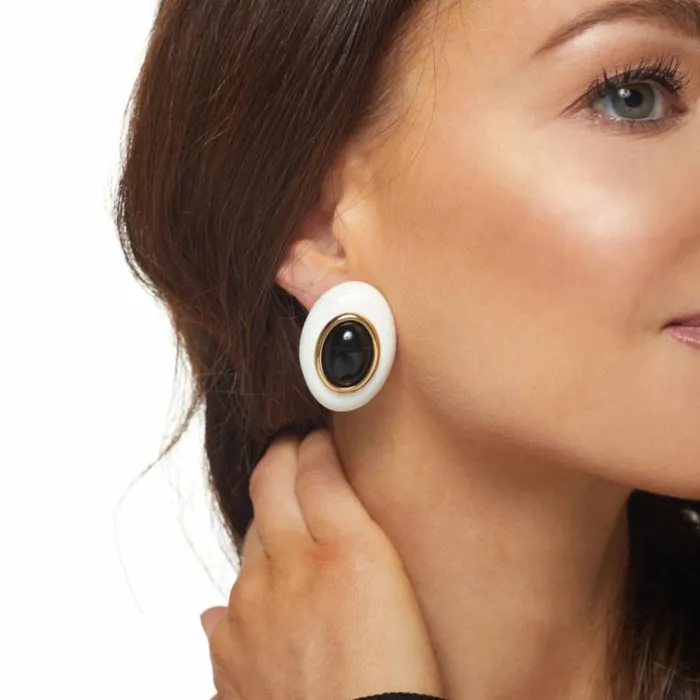 Kenneth Jay Lane Dark Color Earrings Women White With Black Center Oval Clip Earring Kenneth Jay Lane Dark Color Earrings Women White With Black Center Oval Clip Earring