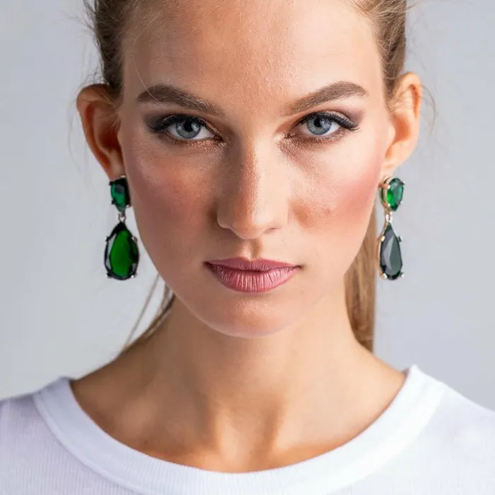 Kenneth Jay Lane Dark Color Gem Earrings Women Emerald And Silver Teardrop Pierced Or Clip Earrings