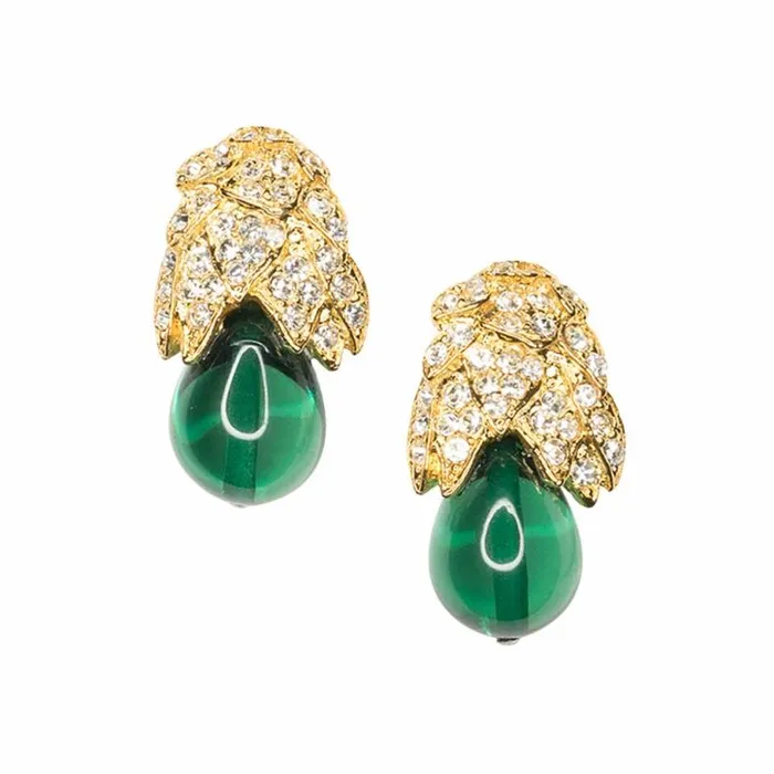 Kenneth Jay Lane Dark Color Gem Earrings Women Emerald Drop Clip Earrings