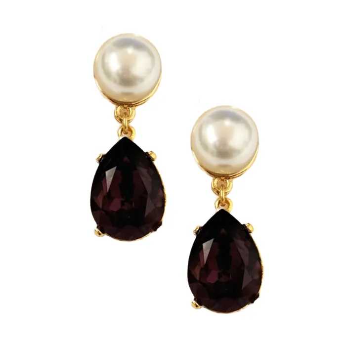Kenneth Jay Lane Dark Color Gem Earrings Women Pearl and Amethyst Teardrop Pierced Earring