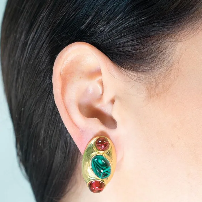 Kenneth Jay Lane Dark Color Gem Earrings Women Ruby And Emerald Clip Earrings
