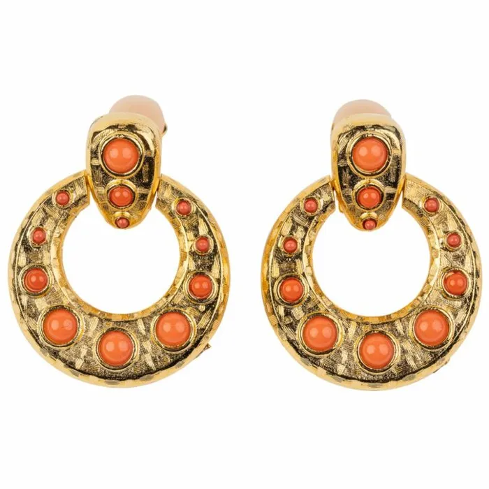 Kenneth Jay Lane Light Color Earrings Women Gold Doorknocker Earring With Coral Cabochons Kenneth Jay Lane Light Color Earrings Women Gold Doorknocker Earring With Coral Cabochons