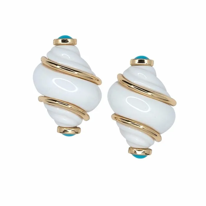 Kenneth Jay Lane Light Color Earrings Women Polished Gold White Shell With Turquoise Tip Clip Earrings Kenneth Jay Lane Light Color Earrings Women Polished Gold White Shell With Turquoise Tip Clip Earrings