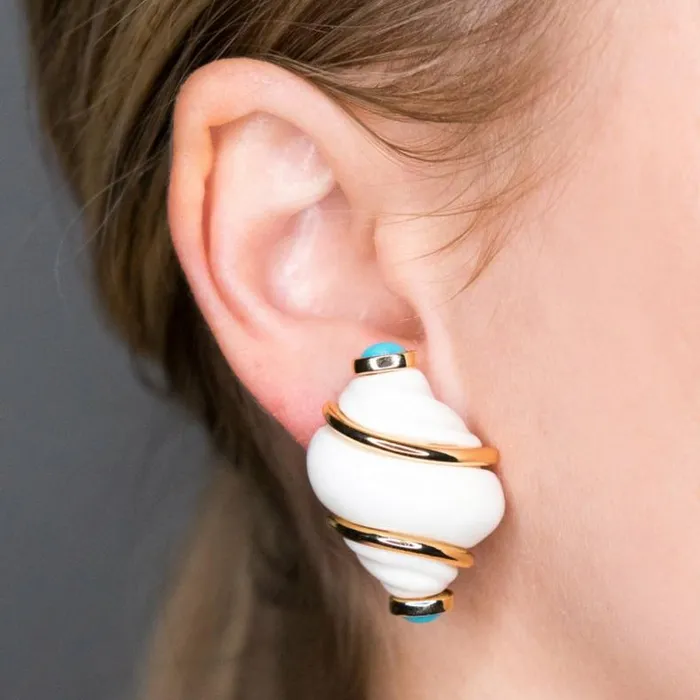 Kenneth Jay Lane Light Color Earrings Women Polished Gold White Shell With Turquoise Tip Clip Earrings