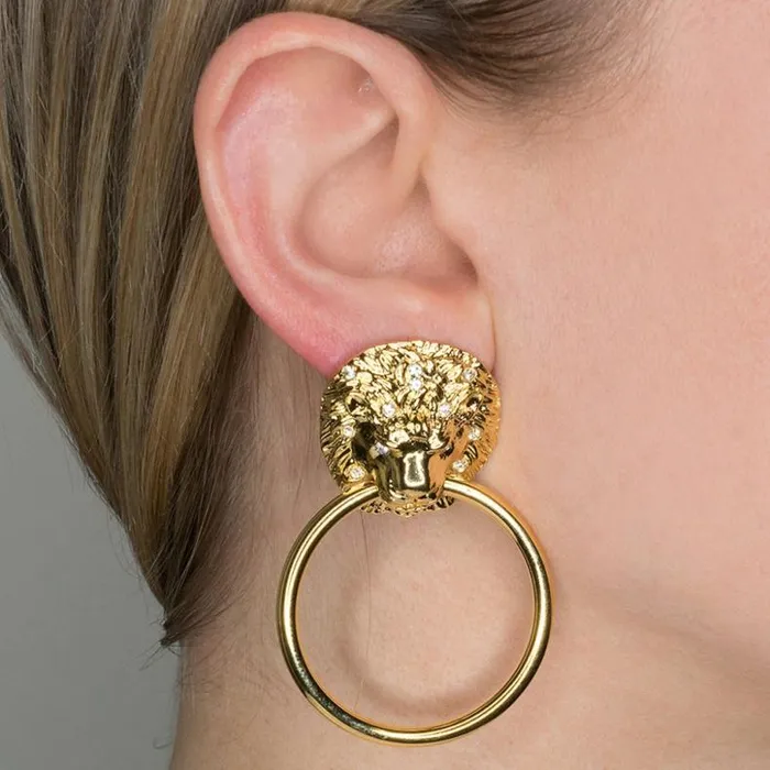 Kenneth Jay Lane Metallic Finish Earrings Women Lion Head Doorknocker Pierced Or Clip Earrings