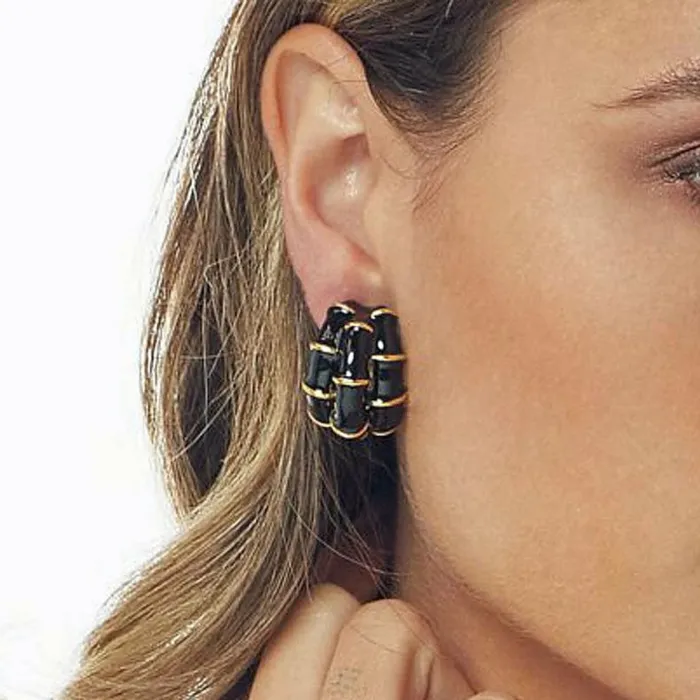 Kenneth Jay Lane Natural Earrings Women Black Bamboo Hoop Clip Earring