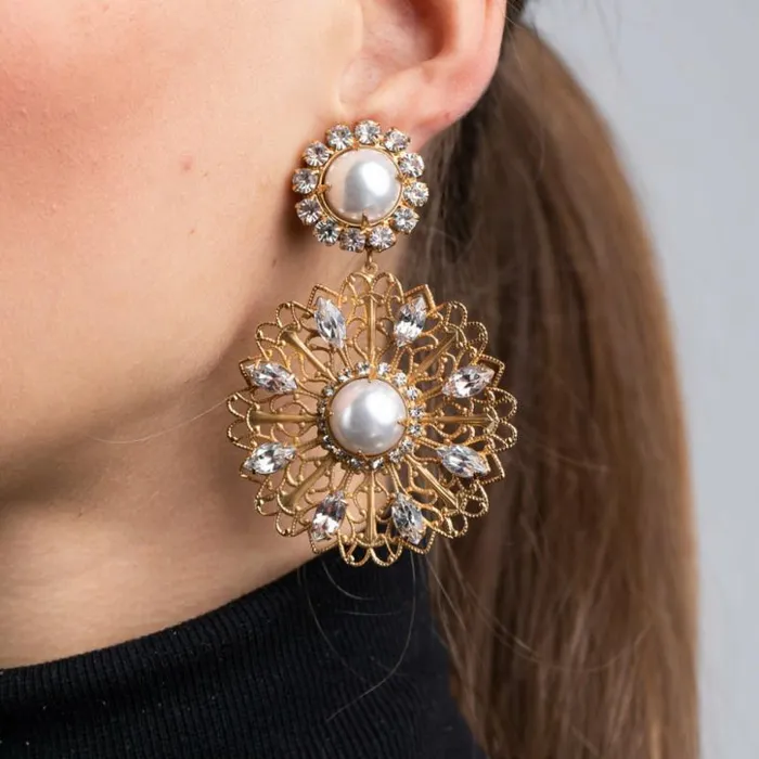 Kenneth Jay Lane Pearl Earrings Women Filigree Flower With Pearl Center Clip Earrings Kenneth Jay Lane Pearl Earrings Women Filigree Flower With Pearl Center Clip Earrings