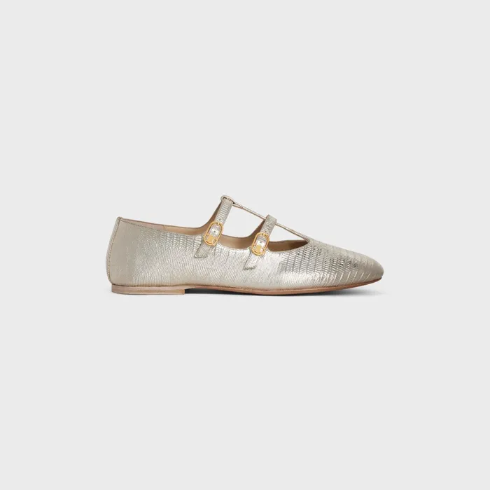 Les Ballerines Celine Double Strap Mary Jane In Lizard Stamped Metalized Calfskin Platinium Women CELINE LOAFERS AND FLATS